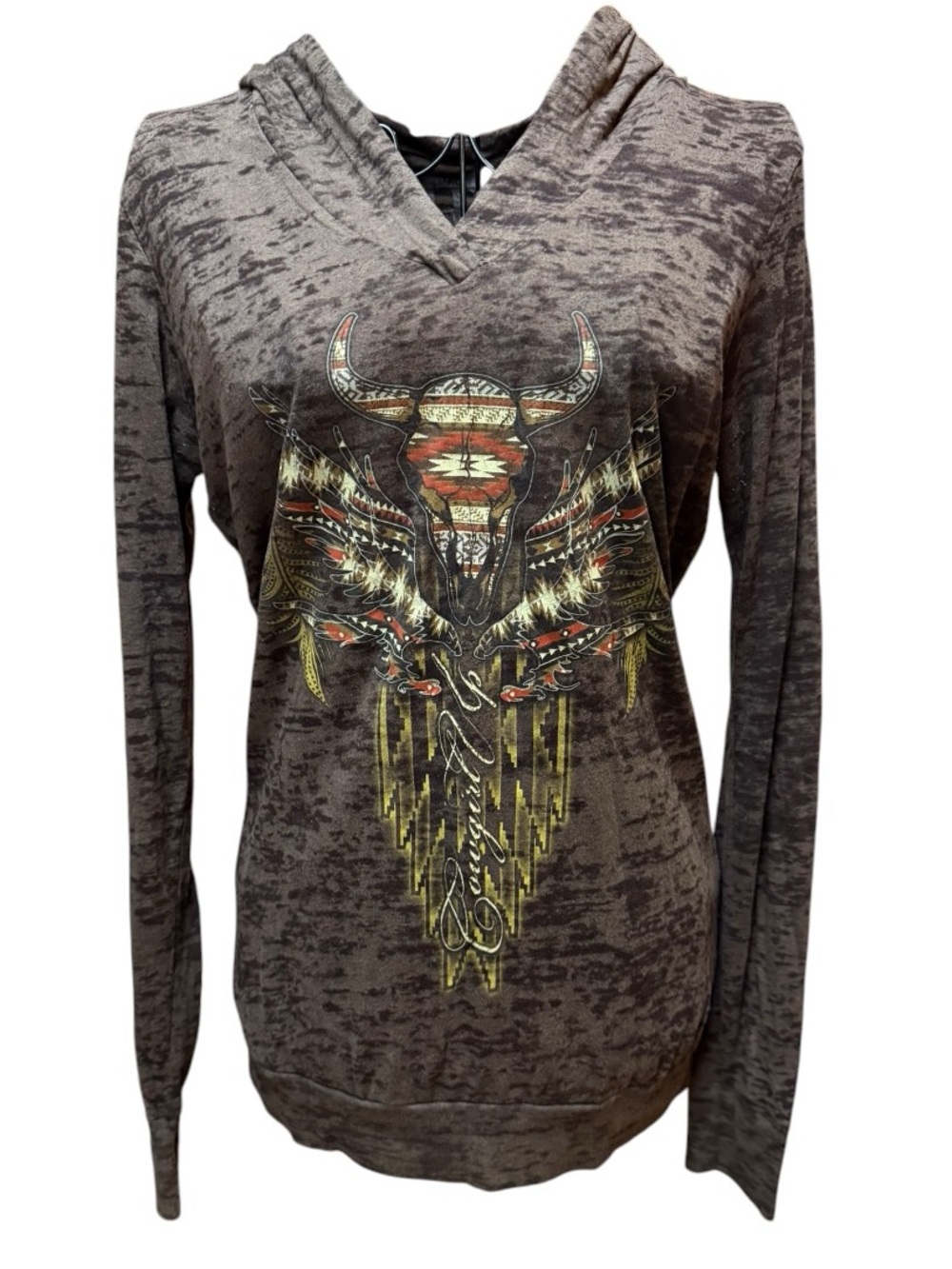 Cowgirl Up Brown Graphic Hooded Long-Sleeve Sweatshirt Southwestern Skull Motif